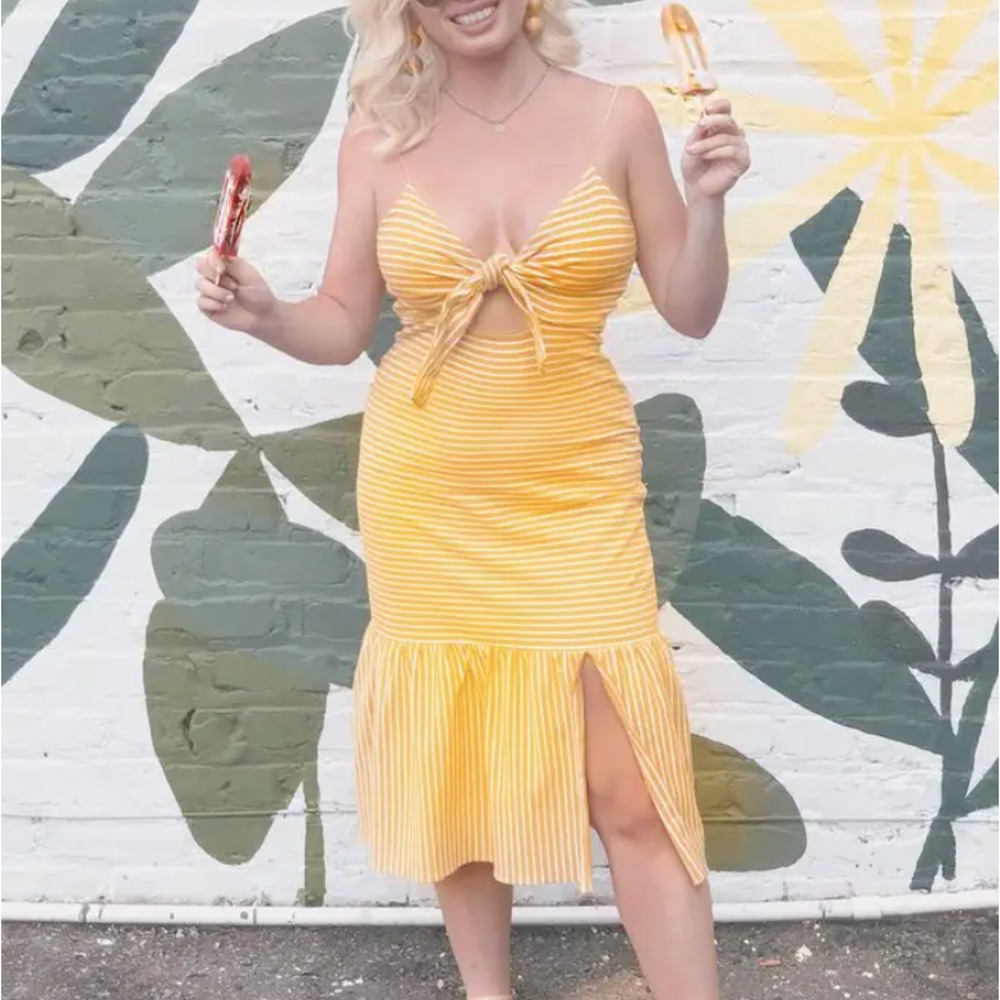 Saylor Mustard Striped Midi Slip Dress MEDIUM Bodycon Vacation Bow Pinup $200 - Picture 10 of 15